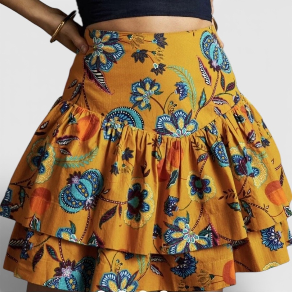 Anthropologie Maeve Tiered Ruffled Mini Skirt L Orange Smocked Back Boho Festive